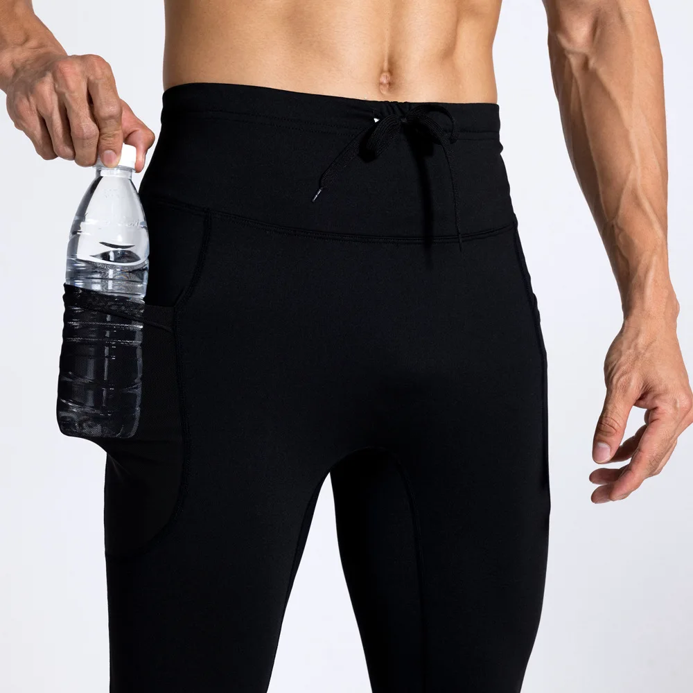 (S-2XL)Men's Fleece Marathon Fitness Pants for Running Training Cycling Quick Dry Elastic Compression Cropped Tights Leggings