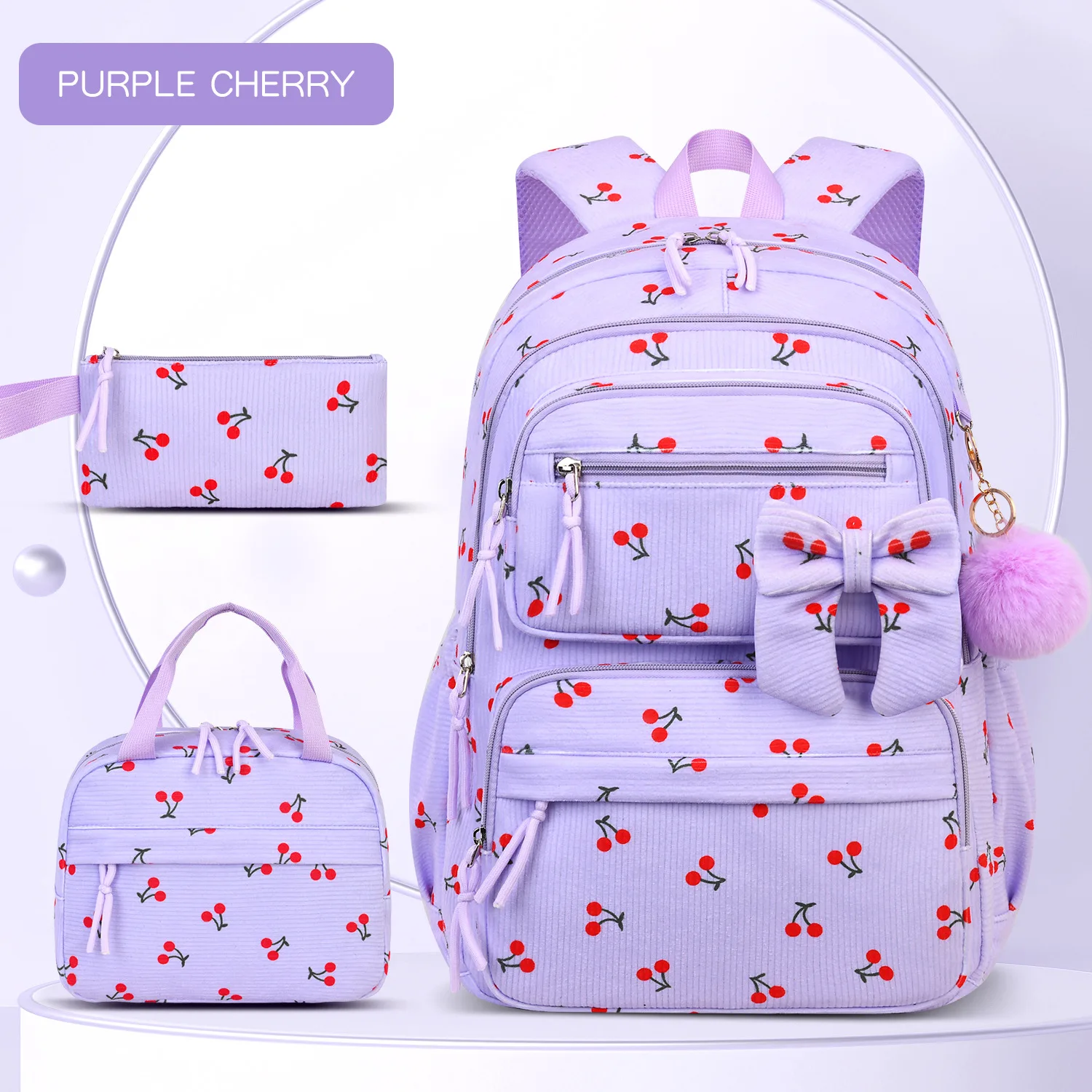 2026 High end Corduroy Material 3-Piece School Bag Set for Teenage Girls Fashion bow patchwork women's backpack Cute schoolbags 2