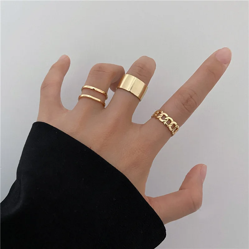 Silver Geometric Hollow Wide Ring Set - Vintage Punk Style Women's Finger Jewelry