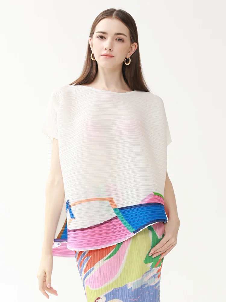 

MIYAKE Style Loose casual pleated short sleeved top for women's autumn new loose round neck color matching T-shirt [6190]