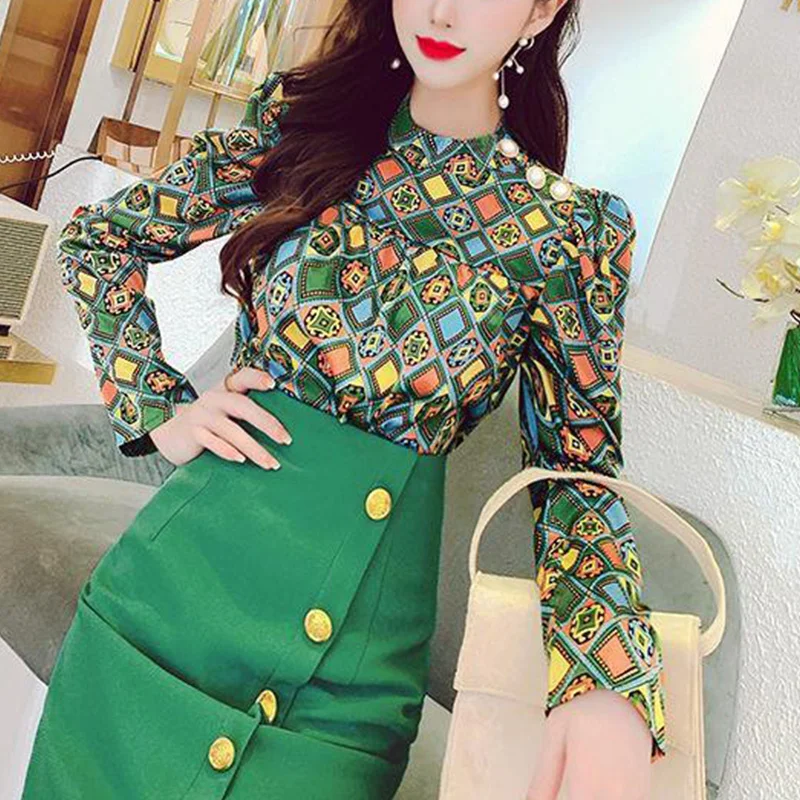 Spring Autumn Stand Collar Elegant Fashion Floral Printing Shirt High Waist Temperament Solid Color Breasted Slit Bodycon Skirt