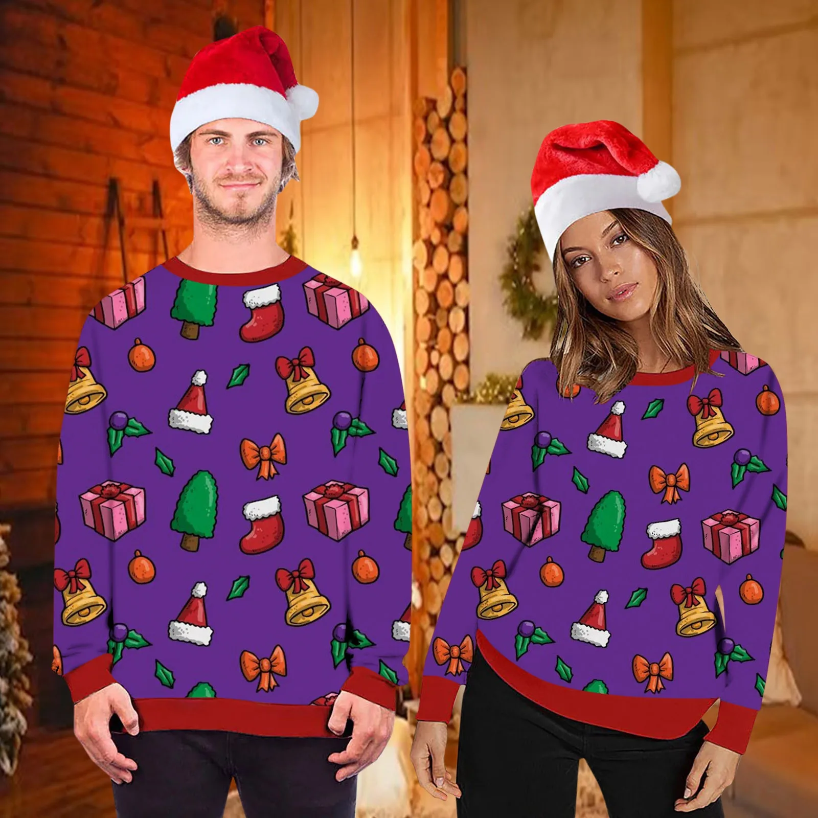 

Couple's Casual Top Christmas 3D Print Blouse Round Neck Long Sleeve h And Pullover Cute Hoodie Hip- Korean style