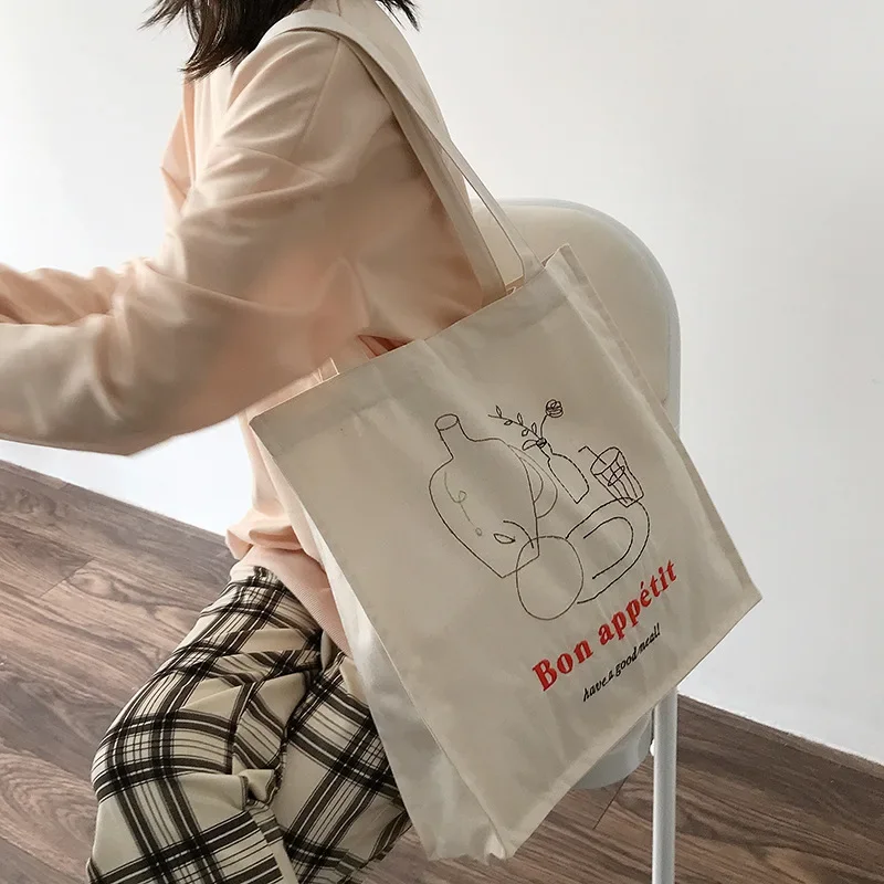 New women' Canvas Shoulder Bag Japanese Simple Female Handbag Student Embroidery Large-capacity Reusable Shopping Bag School Bag