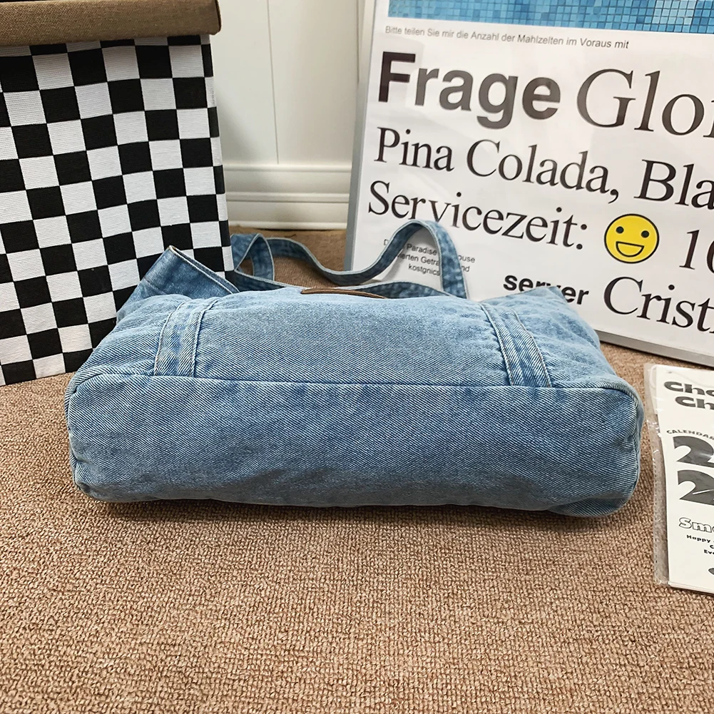 Women Square Grocery Bag Large Capacity Denim Versatile Shopping Bag Solid Color Female Daily Commute Bag