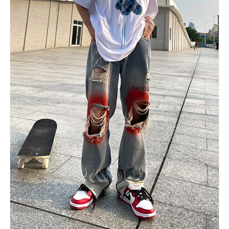 Knee Graffiti Ripped Holes Denim Jeans Men Unisex Casual Fire Printed Bottom Zipper Jeans Streetwear Hip Hop Jean Pants Joggers