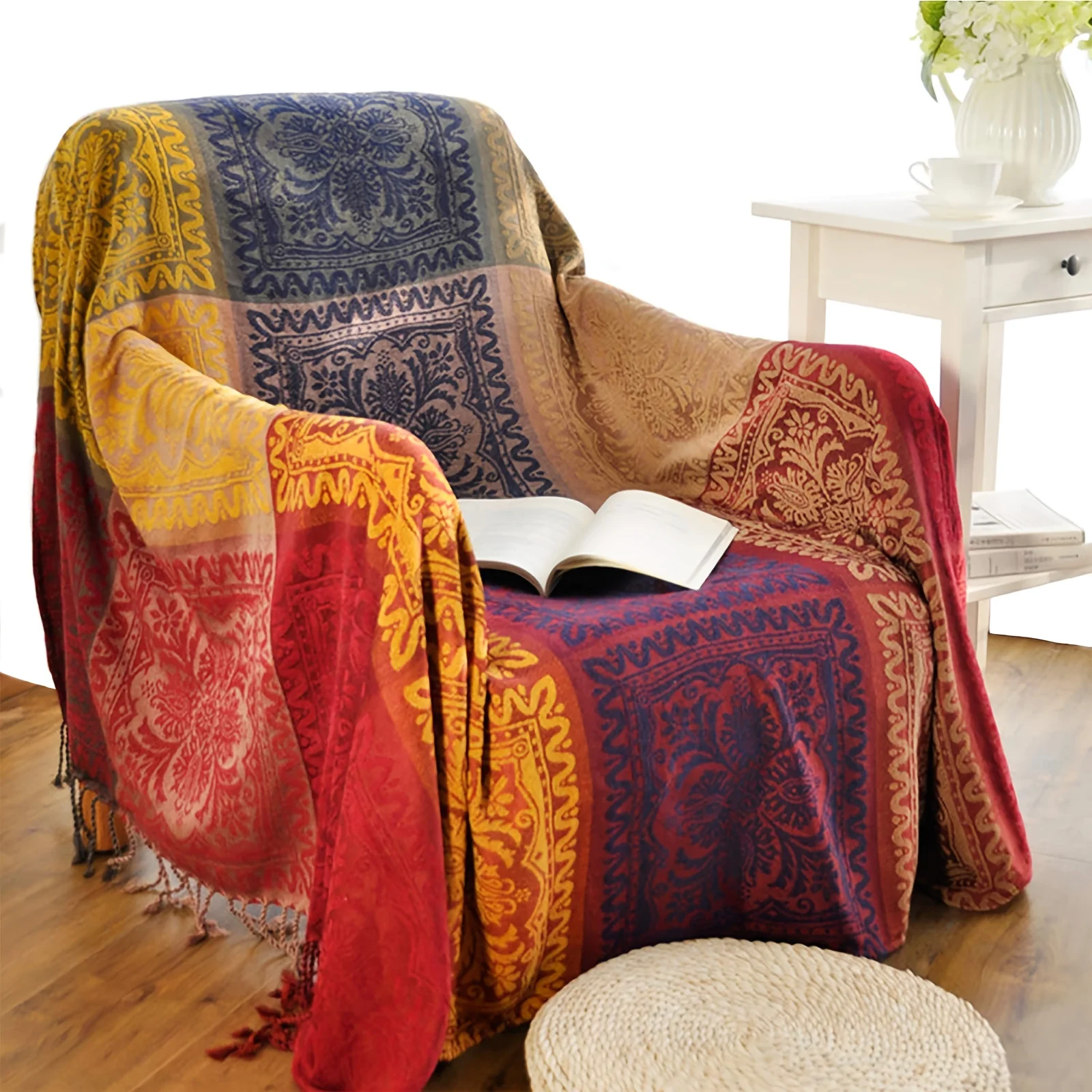 

Boho Throw Blanket, Chenille Jacquard Tassels Throw Blankets for Bed Couch Soft Chair Bohemian Fringe Tassels Capibara Controll