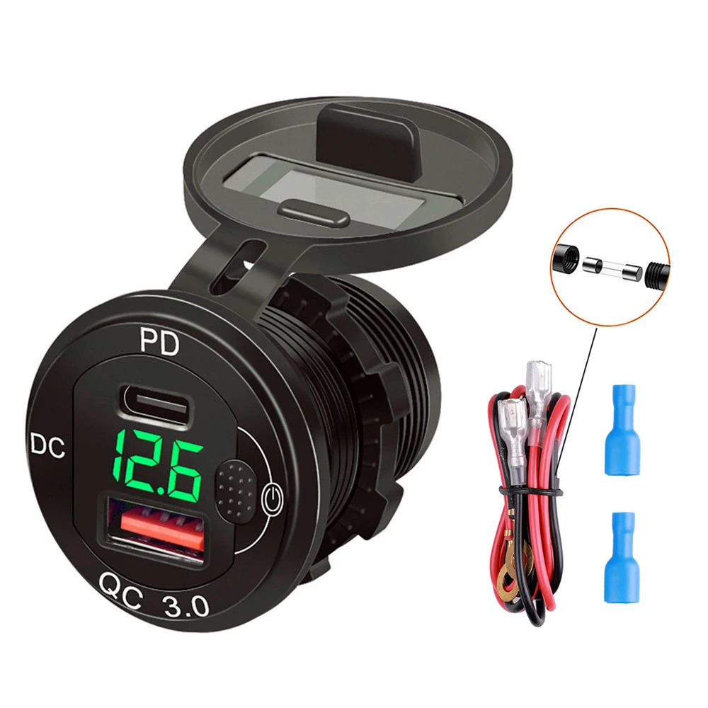 

48W QC3.0+PD Dual USB Charger Fast Charging LED Voltmeter Power Switch Car Lighter Socket For Motorcycle Truck SUV Boat