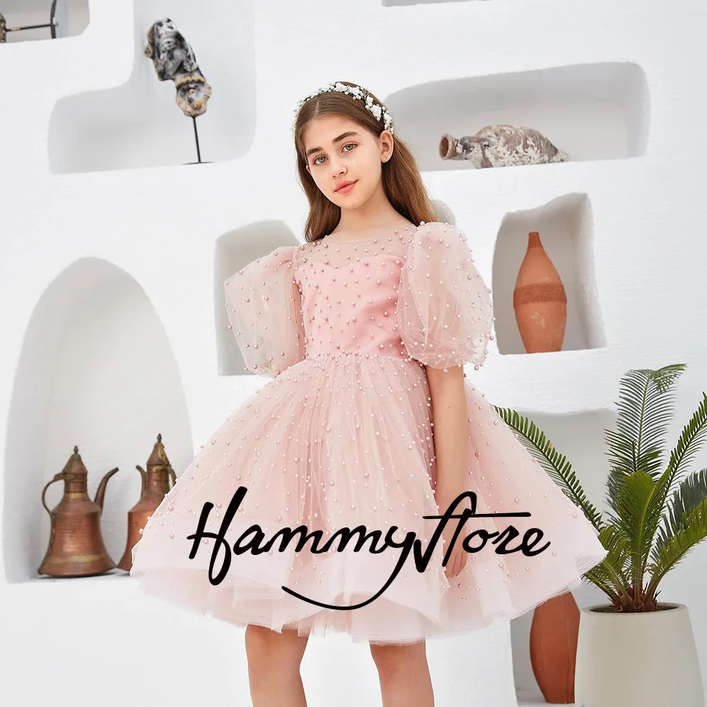 

Pearls Flower Girl Dress Short Princess Sleeves Scoop Neck A Line Ball Gown Soft Tulle First Communion Christmas Dresses