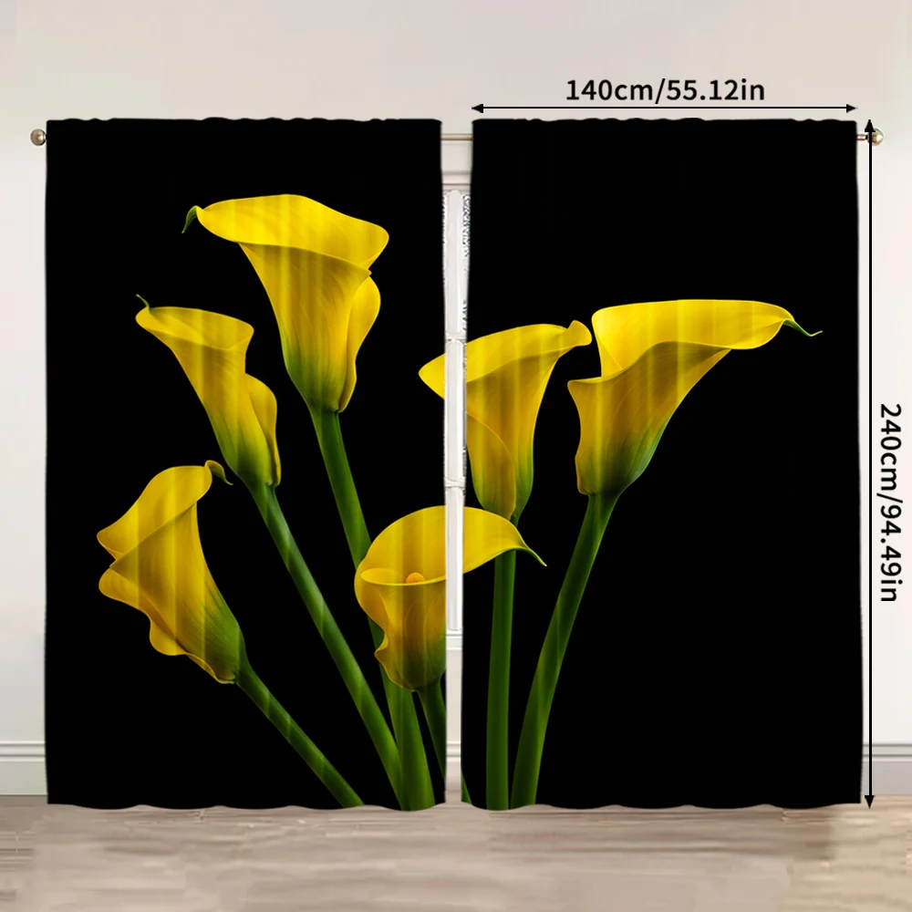 2pcs, spring summer Curtains yellow Calla Lily Sheer Curtains Versatile Polyester Decorations For Home Use for Living Room, 3