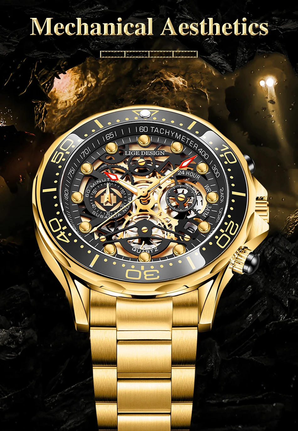 LIGE Fashion All Gold Mens Watches Top Brand Luxury Stainless Steel Quartz Watch For Men Waterproof Sport Clock Male Chronograph