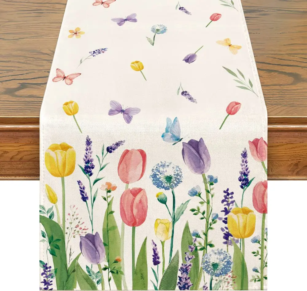 

Tulip Spring Table Runner, Summer Seasonal Anniversary Holiday Kitchen Dining Table Decoration Indoor Outdoor Home Party Decor