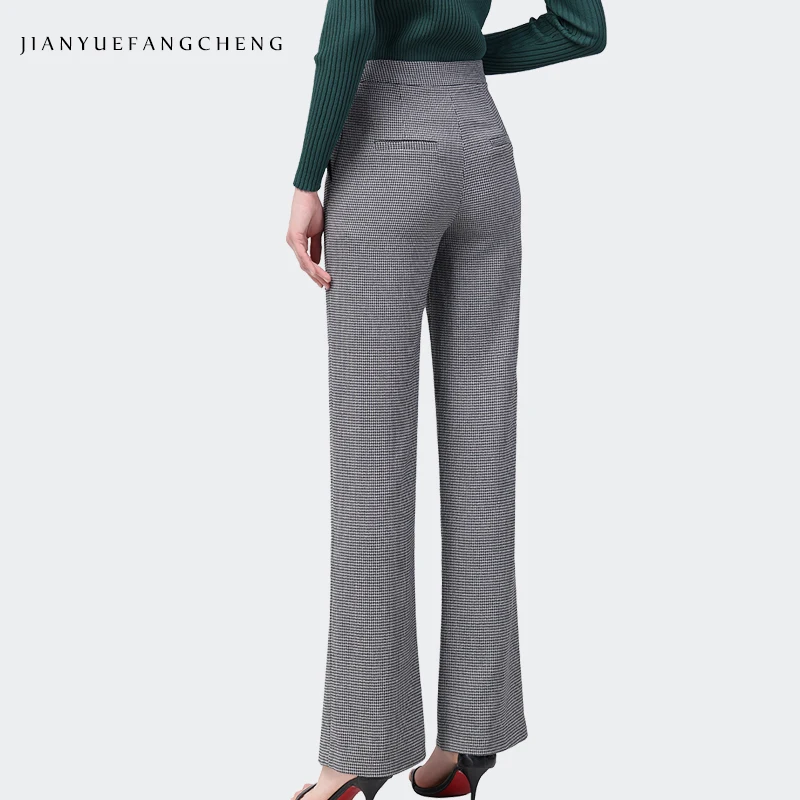 2022 Autumn Women Grey Plaid Wide Leg Pants Front Pleated High Waist  Straight Long Trousers Vintage Casual Loose Working Bottoms