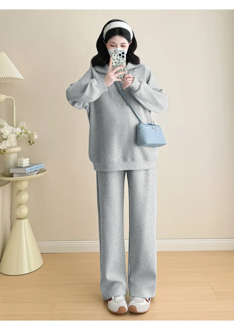 임부복 2026 봄 가을 심플 스포츠 레저 루즈핏 부드럽고 편안한 라펠 스웨트셔츠와 와이드 레그 팬츠 투피스 세트