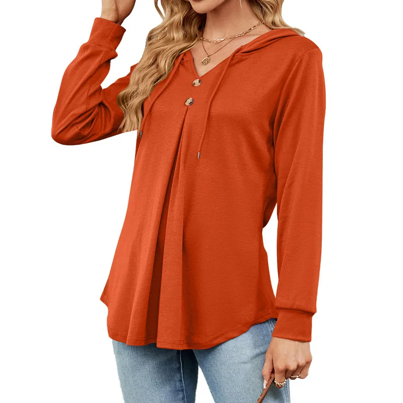 Autumn New Solid Color Long Sleeve V-Neck Spliced Button Loose Hooded Fashion Casual Simplicity Office Lady Pullover Sweatshirts