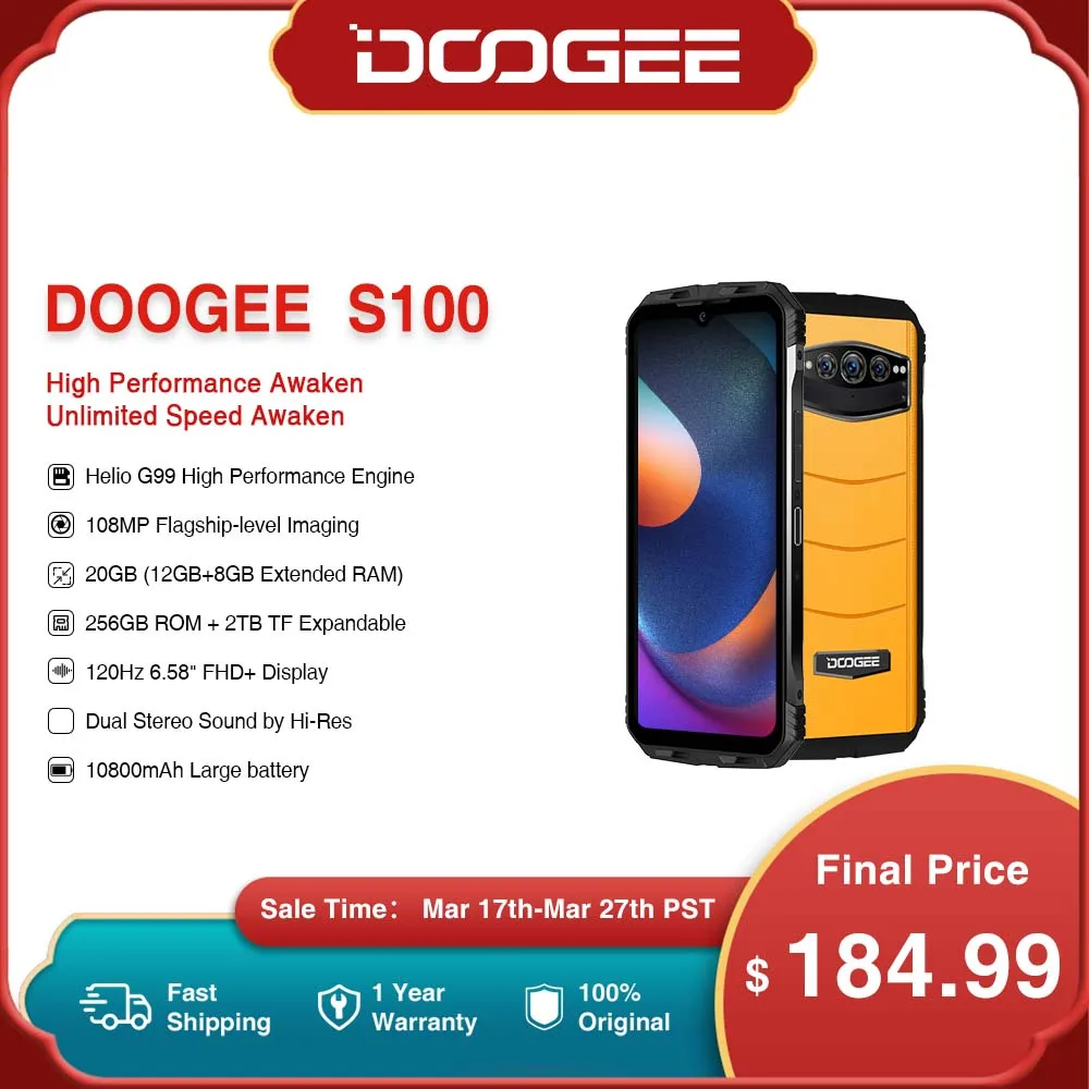 World Premiere DOOGEE S100 Rugged Phone 6.58 108MP Camera Cellphone 12GB+256GB 120Hz Helio G99 10800mAh Battery 66W Fast Charge цена и фото