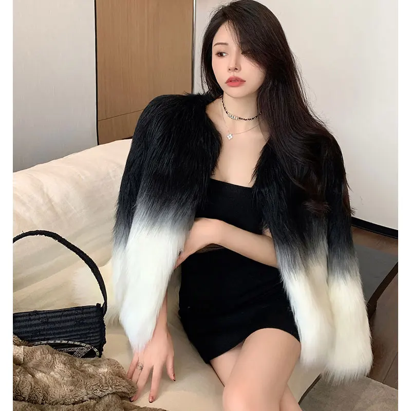 가을 점차적인 색상 인조 여우 모피 여성 코트, 시크 패션, 겨울 모피 가디건, 플리스 탑 재킷 코트, 파티 클럽 복장 2023