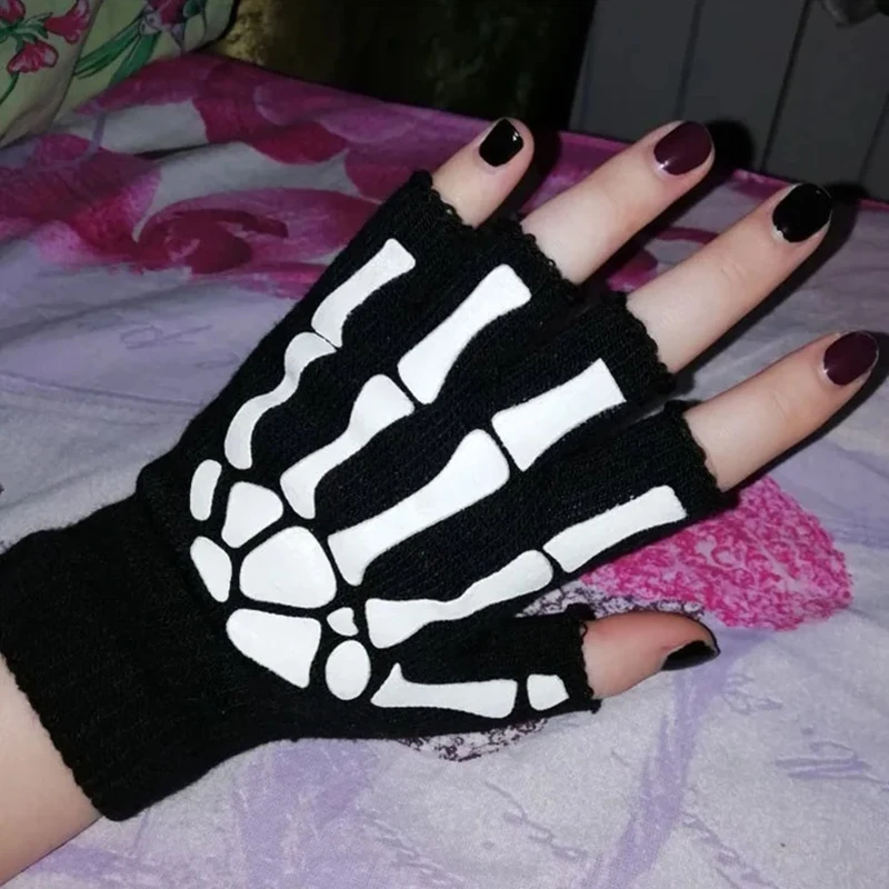 Unisex Halloween Skull Gloves Punk Luminous Glow in The Dark Skeleton Half Finger Glove Cosplay Non-slip Wrist Stretch Mittens half finger gloves,fingerless gloves