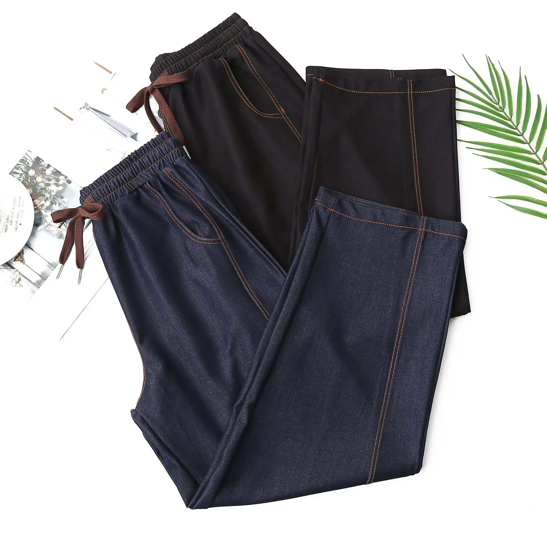 Fashion Plus Size Women's Jeans 2025 Autumn New Style Drawstring Elastic Waistline Lyocell Casual Bright Line Harem Pants 8592