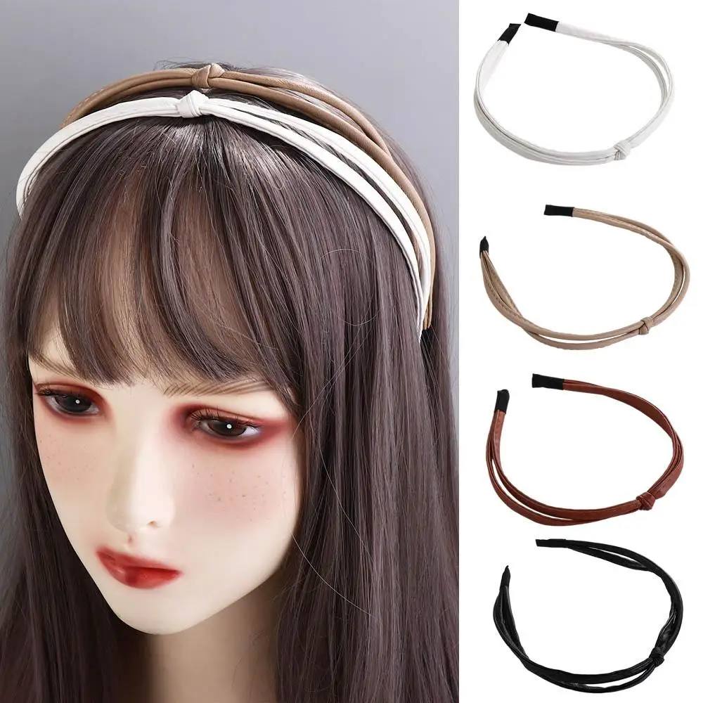 

PU Leather Solid Color Headband Vintage Knotted Thin Simple Temperament Elegant Headwear Hair Hoop Hair Accessories