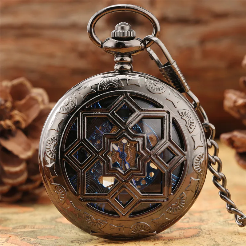 Antique Black Hollow Rhombus Case Hand Winding Mechanical Pocket Watch for Men Women Skeleton Dial Fob Chain Antique Timepiece black hollow out mechanical hand winding pocket watch for men women steampunk half hunter clock fob pendant chain watches gift