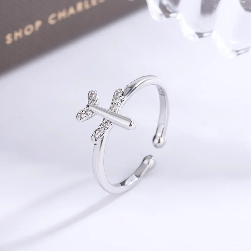 Zircon Airplane Ring for Women Girl Adjustable Open Finger Rings Korean Charming Fashion Wedding Silver Color Jewelry Gift wedding rings finger rings fashion rings zircon rings crystal rings stone rings