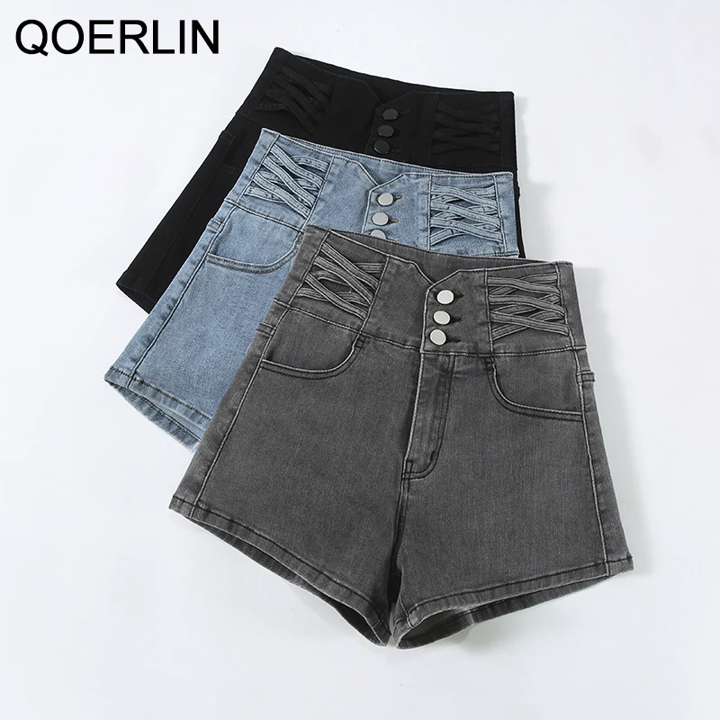 QOERLIN Ladies Stretch Jeans Hot Shorts Female 2022 New Summer Korean High Waist Tight Fit Push Up Hot Shorts Women Denim Shorts