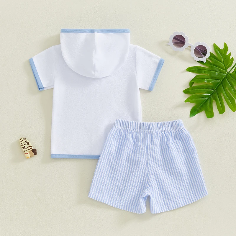 1-5T Toddler Baby Boy Girl Swim Cover Up Towel Terry Zipper Hooded Tops Seersucker Shorts Set Beach Bathing Suit Coverup