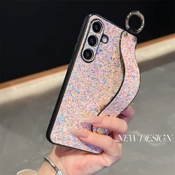 Glitter Diamonds Wrist Strap Case with Bling Ring Holder and Silicone Cover - Galaxy S24 Plus (Gold)