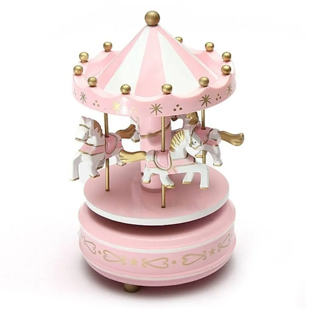 Wooden Merry-Go-Round Carousel Music Box For Kids Toys Wedding Birthdays Gift Wind-Up Horse Fairground Musical Box