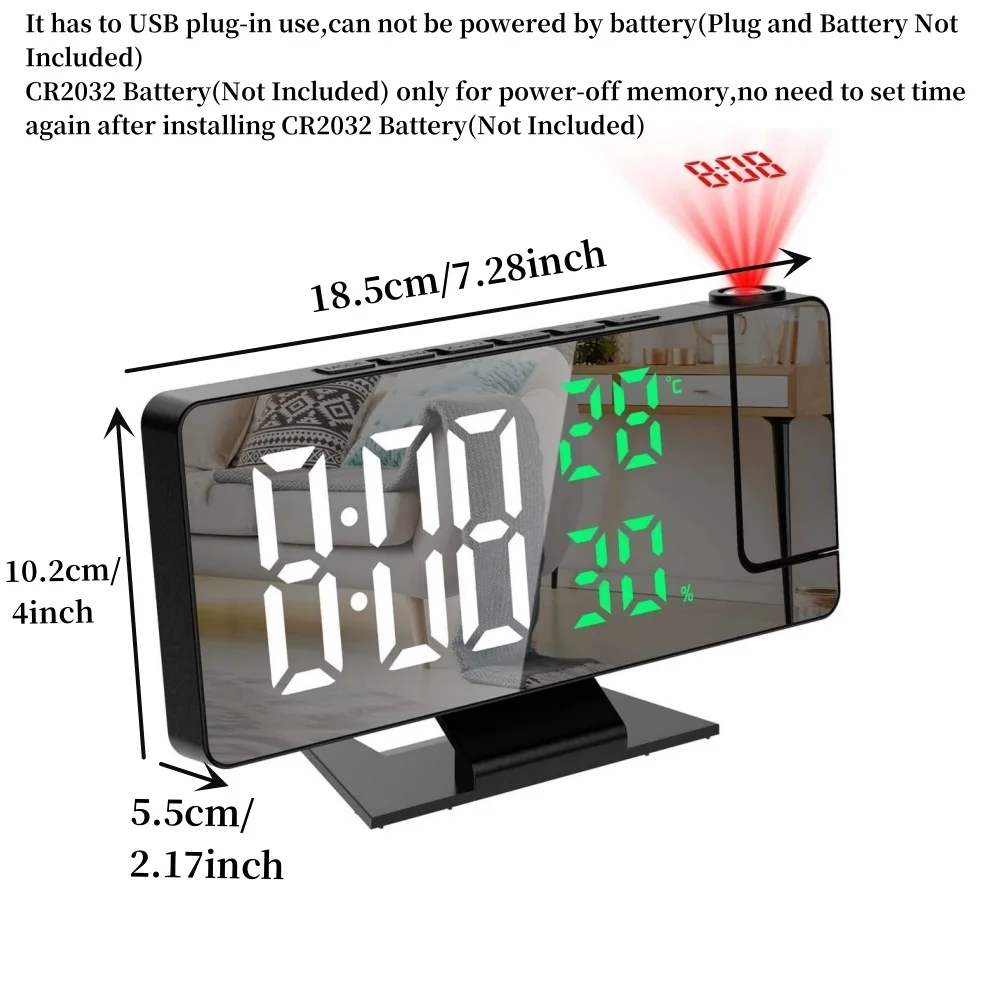 180° Arm Projection Digital Alarm Clock Temperature Humidity Night Mode Snooze 12/24H USB Plug-in Projector Table LED Clock images - 6