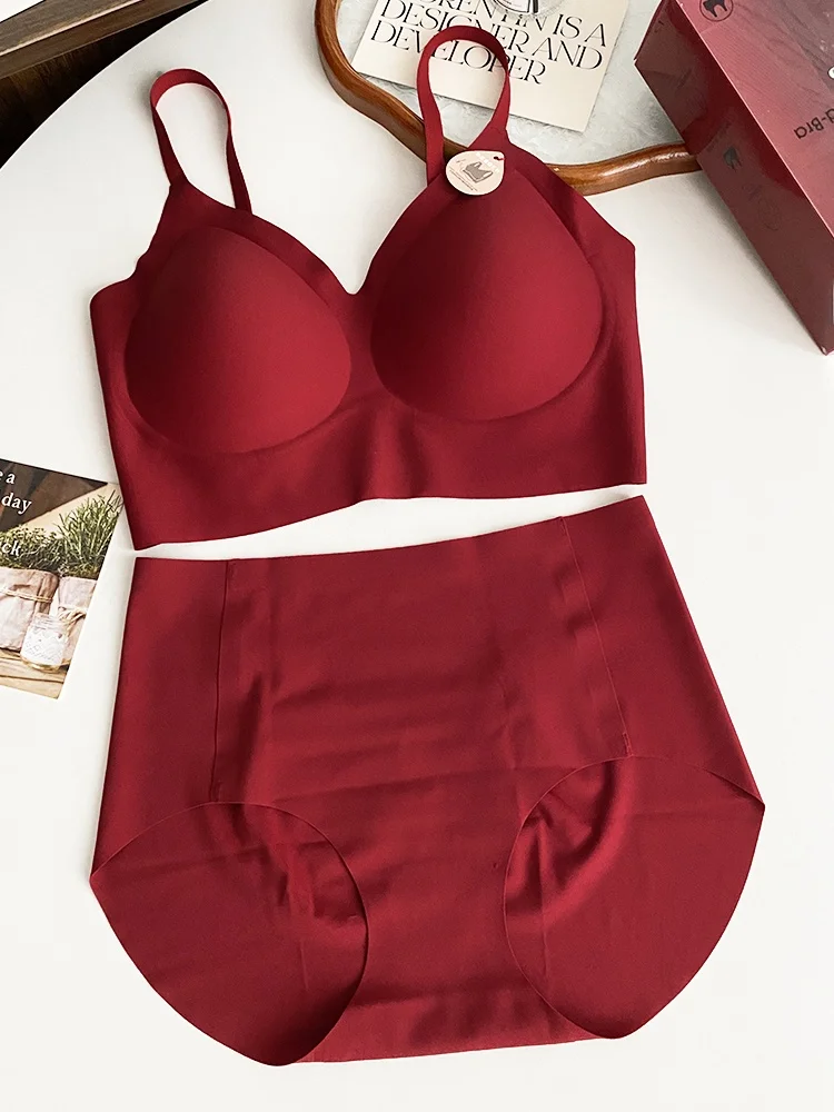 Wirel Red Wedding Bra And Panties Set Sl Comfortable Underwear for Women Young Fem Full Cup V-Ne Fixed Strap