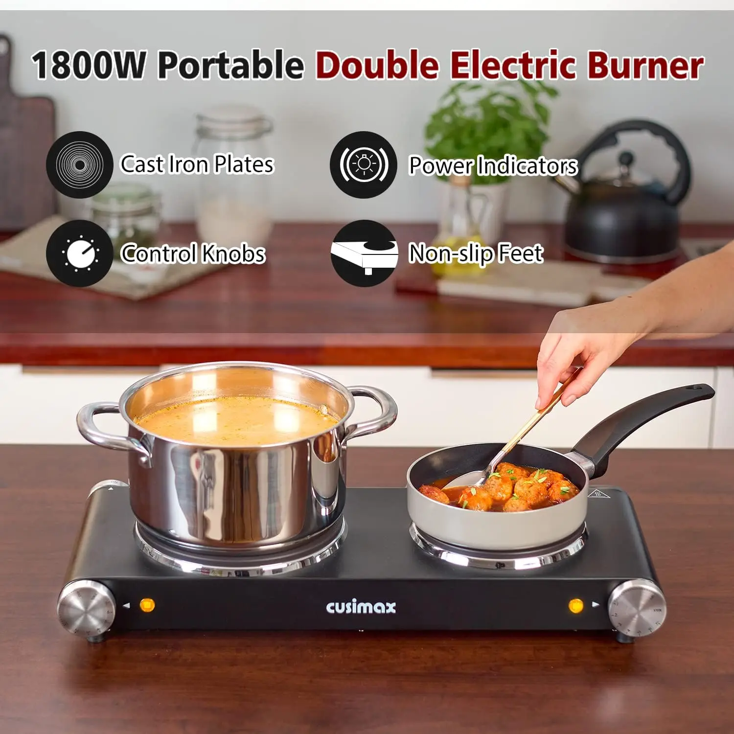Double Hot Plates Electric Burner, 1800W Countertop Cooktop with Adjustable Temperature Control, Hot Plates for Cooking