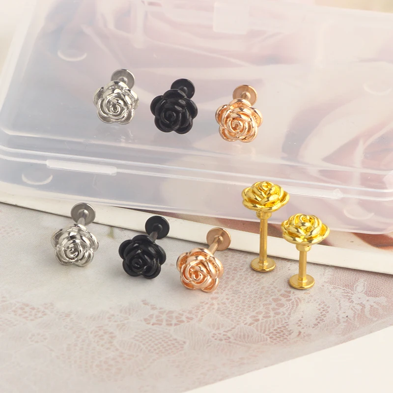 wholesales rose flower cartilage earrings helix barbell lip piercing stud stainless steel lip rings barbell daith jewelry