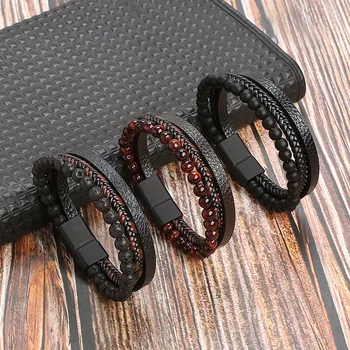 Bracciale in pelle di alta qualità da uomo classico moda occhio di tigre rosso con perline braccialetto in pelle multistrato per regalo di gioielli da uomo 1