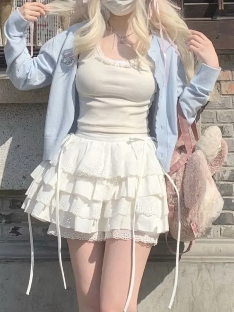 QWEEK 2024 Spring Women Skirt Coquette Y2k Kawaii Cute White Lace White Mini Sweet Lolita Preppy Style Party Cake Skirt qweek fairycore lace up blouse women long sleeve spring 2024 new turn down collar women shirt ladies top korean fashion chic y2k