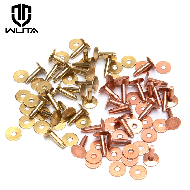 WUTA 50/100 Set Solid Brass Leather Rivets With Burrs, Copper Rivet