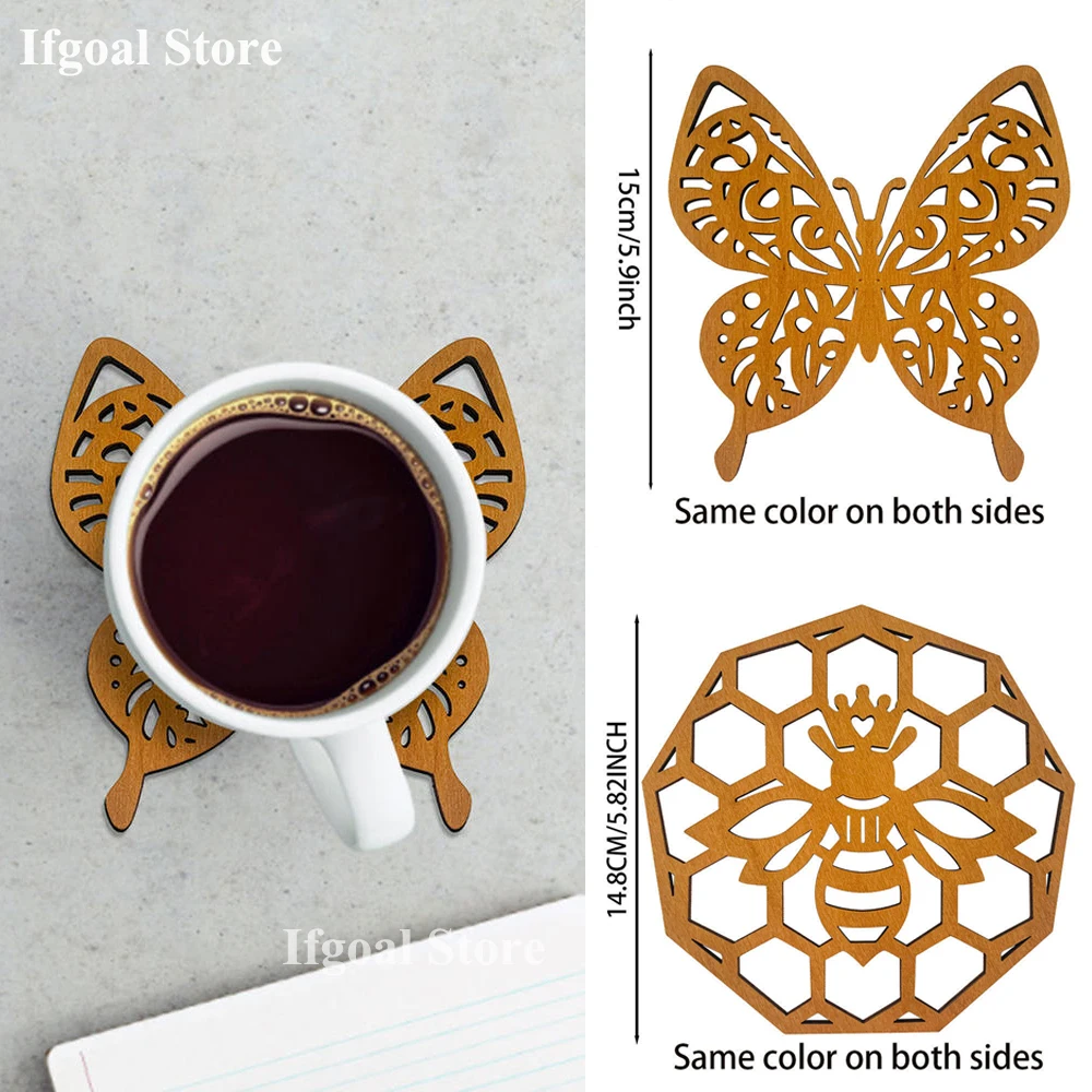 

1Pc Butterfly Bee Design Coasters Hollow Wooden Coaster Cup Mat For Coffee Tea Drink DIY Decor Mats Creative Pattern Coaster