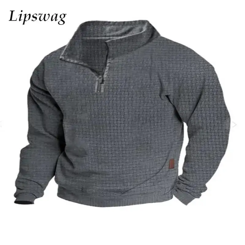 

2023 Autumn Vintage Sweatshirt For Mens Casual Solid Color Long Sleeve Stand Collar Pullovers Men Clothes Fashion Waffle Hoodies
