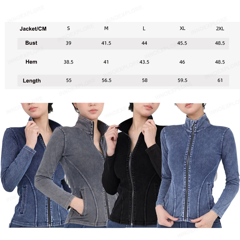 Women Yoga Jacket Stretch Denim Coat Fitness Workout Sports Casual Full Zipper Gym Top Slim Fit Long Sleeve Women Sweatshirt