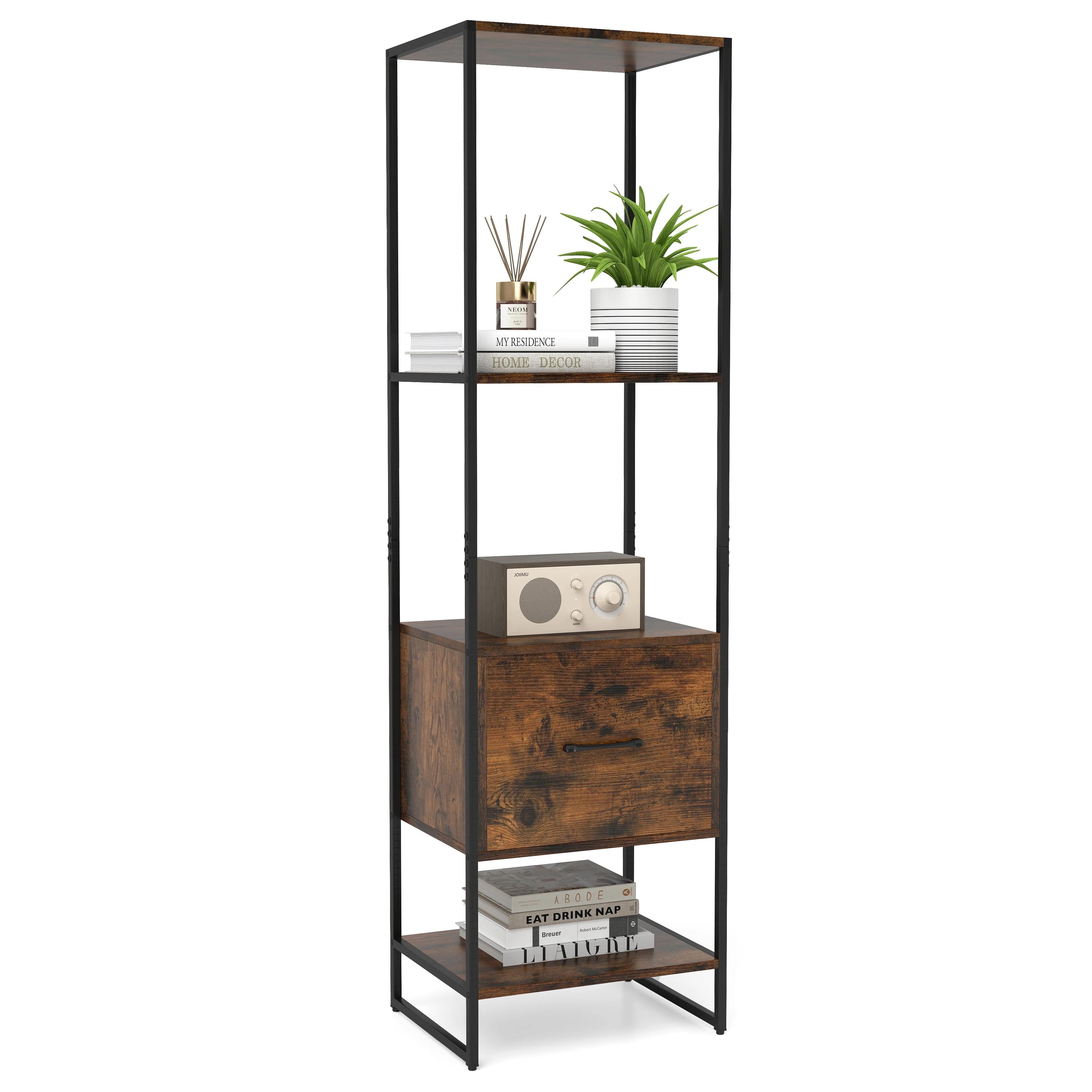 5-story bookcase with drawer, book wardrobe with open shelves & metal frame, standing shelf Industrial