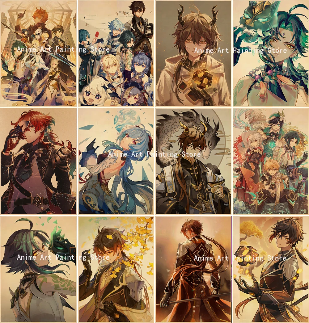

Genshin Impact Anime Posters Retro Vintage Mural Wallpapers Room Bar Cafe Decor Prints Art Cartoon Wall Canvas Paintings Cuadros