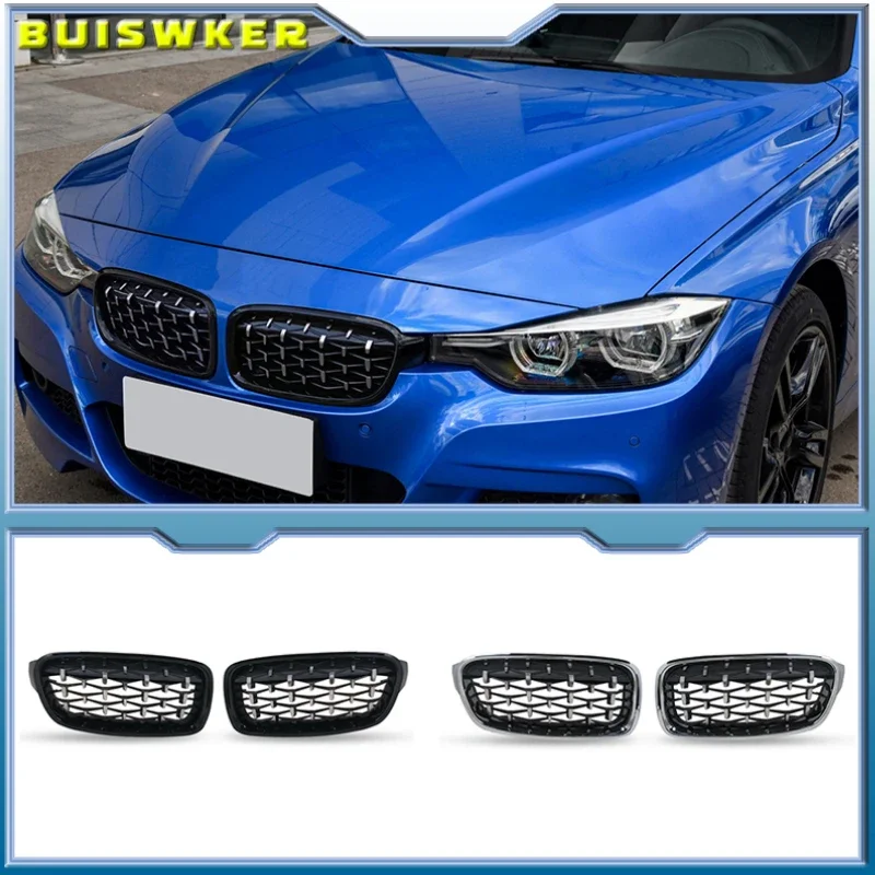 

NEW-Glossy Black Dual Slats Front Kidney Grille Chrome Diamond Grill Replacement for BMW 3 series F30 F31 F35 2011-2019
