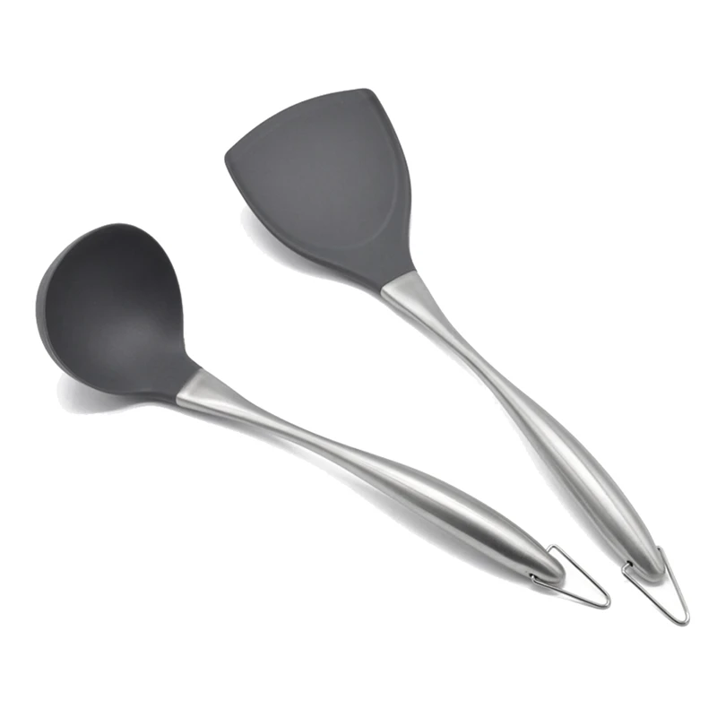 

2Pc Kitchen Utensils Silicone Shovel Spatula Soup Spoon Nonstick Cooking Gadgets Stainless Steel Handle Cooking Tools