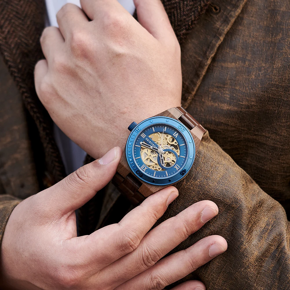 BOBO BIRD-Montre-bracelet en bois pour homme, montre mécanique automatique évidée, cadeau parfait pour la fête des pères, boîte en bois, nouvelle mode, 2023