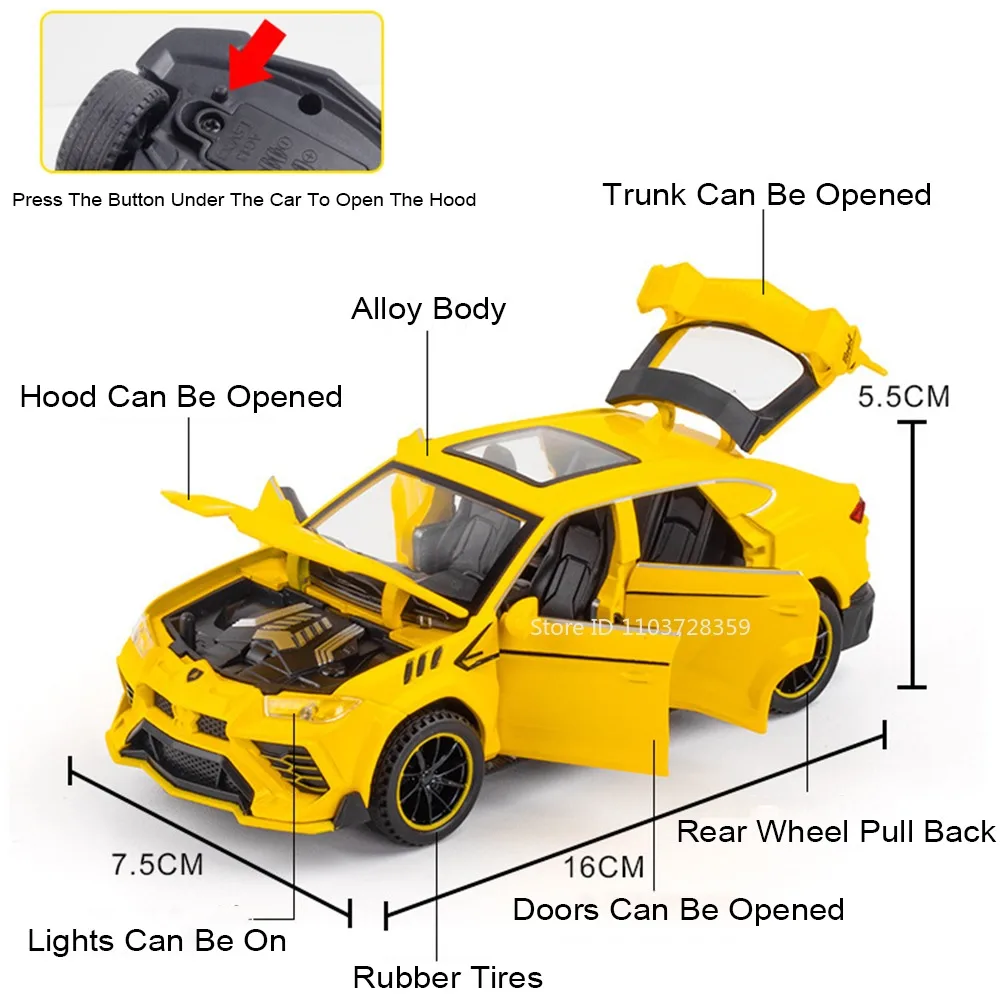 1:32 우루스 레브루토 모델 장난감 슈퍼카 합금 다이캐스트 미니어처 스포츠카 사운드 라이트 도어 오픈 후진 기능 어린이 선물