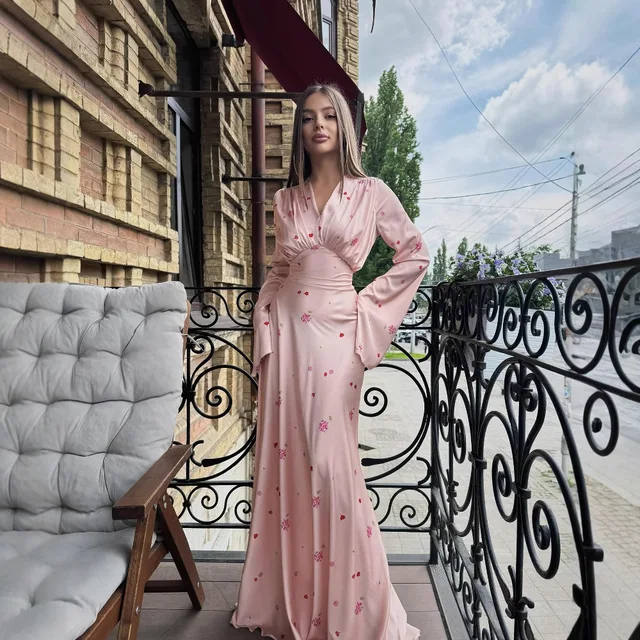 2025 Autumn Elegant Printed Satin Long Dress Women Slim Lace Up V-neck Full Sleeve Pleat Dresses Lady Party Evening Robes New 1