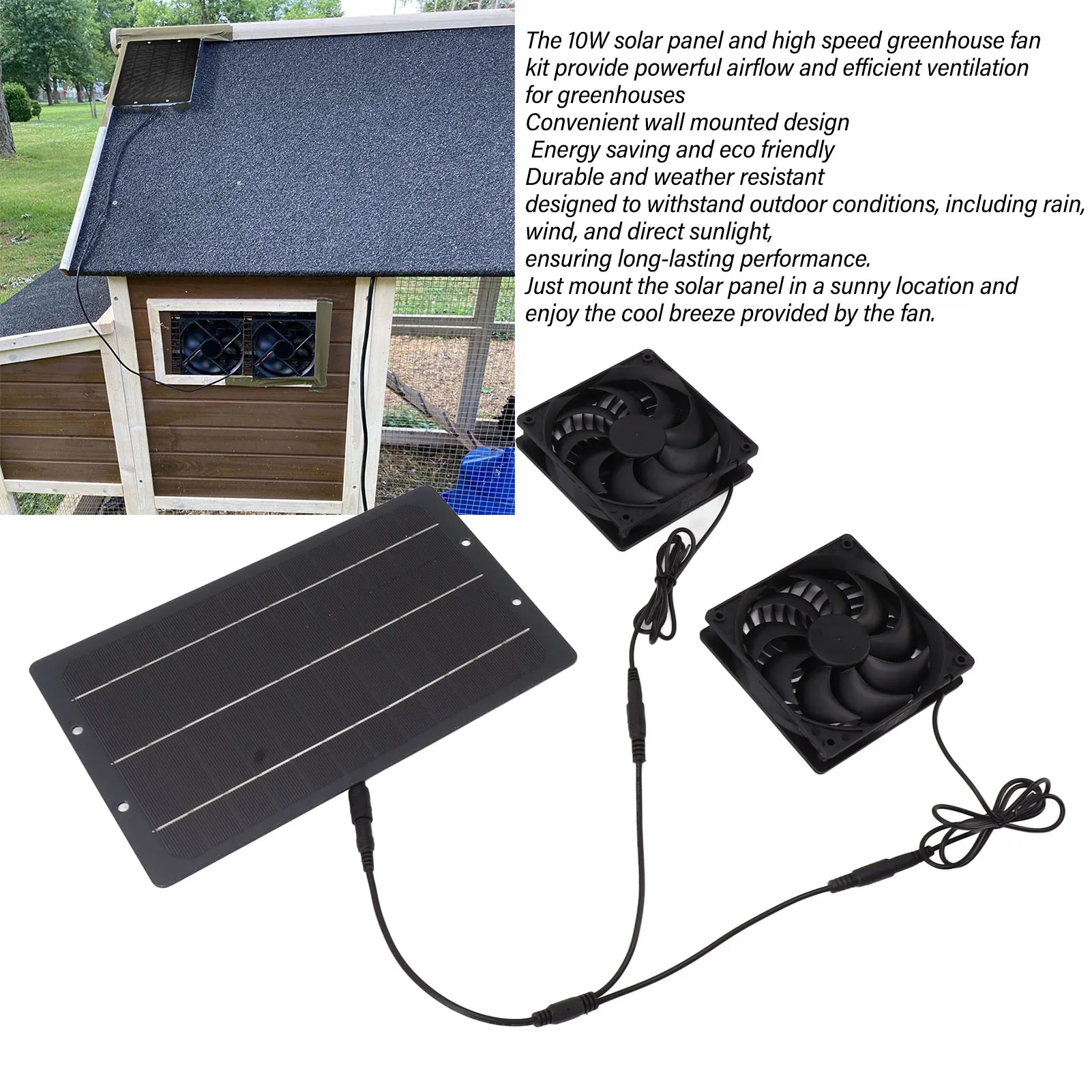 Solar Charger 10W Solar Panel Fan Kit Weatherproof Solar Powered Dual Exhaust Fan Wall Mounted for Chicken Coops Greenhouses Sheds