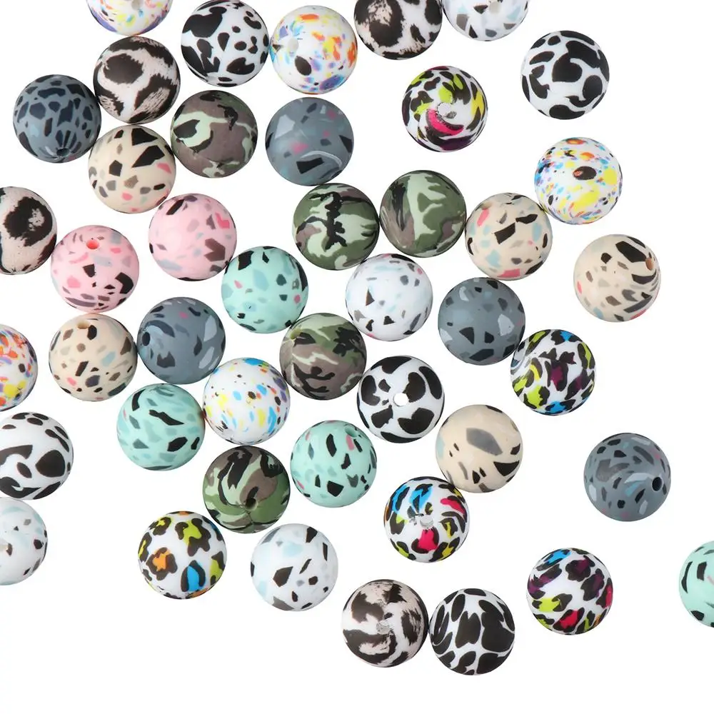 

50Pcs Colorful Loose Beads Necklace Round 15mm Beads Set Leopard Cow Print Assorted Beads Jewelry Making