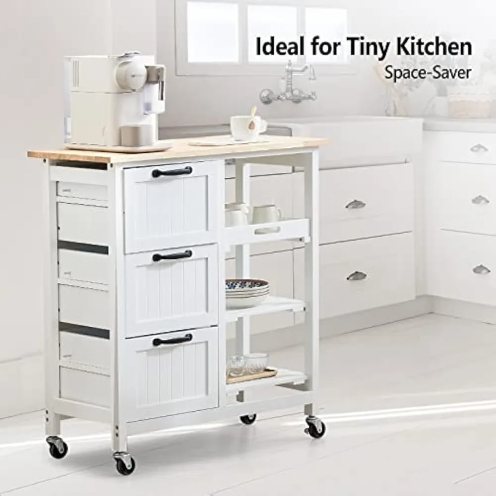 Kitchen Island, Rolling Kitchen Storage Cart with 3 Drawers 3 Tier Holders Serving Bar Cart Coffee Bar