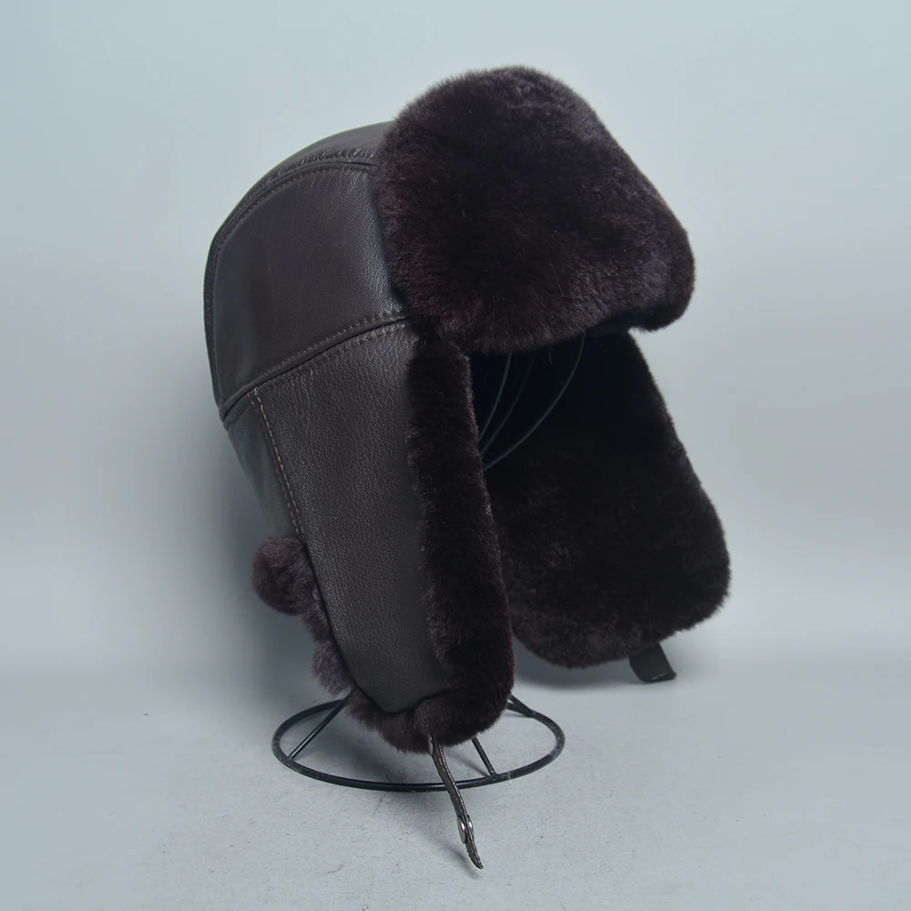 New Unisex Real Rex Rabbit Fur Bomber Hat Ushanka Cap Trapper Russian Men Women Ski Hats Caps Real Sheepskin Leather Winter Warm 6
